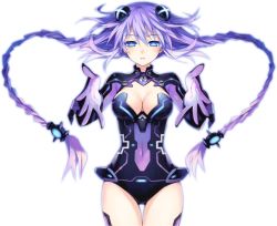 Rule 34 | 10s, 1girl, black thighhighs, blue eyes, boots, braid, breasts, cleavage, cleavage cutout, clothing cutout, covered navel, expressionless, flipped hair, gloves, hair ornament, halterneck, kami jigen game neptune v, leotard, long hair, magical girl, medium breasts, neon trim, neptune (neptunia), neptune (series), official art, purple hair, purple heart (neptunia), solo, standing, symbol-shaped pupils, thigh boots, thighhighs, transparent background, tsunako, turtleneck, twin braids, vambraces, very long hair
