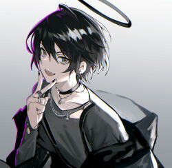 Rule 34 | 1boy, :d, black choker, black hair, black nails, choker, collarbone, commentary, fangs, grey background, grey eyes, grey shirt, hair between eyes, halo, hand up, hayama eishi, highres, long sleeves, looking at viewer, male focus, nail polish, open mouth, original, shirt, simple background, sleeves past wrists, smile, solo, suspenders, symbol-only commentary, teeth, torn clothes, torn shirt, upper body, upper teeth only, v over mouth