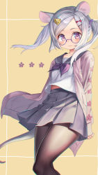 Rule 34 | 1girl, animal ears, arms behind back, black pantyhose, black sailor collar, blue skirt, blush, cardigan, cheese hair ornament, closed mouth, commentary, cowboy shot, food-themed hair ornament, grey cardigan, grey hair, hair ornament, hair tie, hairclip, highres, long sleeves, looking at viewer, medium hair, midriff peek, miniskirt, mitake eil, mouse ears, mouse girl, mouse tail, neckerchief, open cardigan, open clothes, original, pantyhose, pleated skirt, purple eyes, purple neckerchief, sailor collar, school uniform, serafuku, shirt, skirt, solo, standing, swept bangs, tail, twintails, white shirt, wind, yellow background