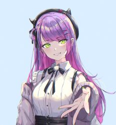 Rule 34 | 1girl, absurdres, beret, bow, bowtie, colored inner hair, earrings, fake horns, green eyes, hat, highres, hololive, horned headwear, horns, jewelry, jirai kei, long hair, looking at viewer, multicolored hair, multicolored nails, nail polish, purple hair, reaching, reaching towards viewer, smile, solo, tokoyami towa, tokoyami towa (jirai kei), upper body, virtual youtuber, zexalmike