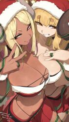 2girls :d :p alternate_costume anila_(granblue_fantasy) bell blonde_hair blunt_bangs breast_press breasts cleavage collar commentary_request commission cowboy_shot curled_horns dark-skinned_female dark_skin draph english_text fur-trimmed_headwear fur_trim granblue_fantasy green_ribbon grin hand_on_own_chest hat hata4564 highres horns kumbhira_(granblue_fantasy) large_breasts long_hair looking_at_viewer mole mole_on_breast multiple_girls navel neck_bell open_mouth parted_bangs red_skirt ribbon santa_hat sheep_horns short_eyebrows skeb_commission skirt smile stomach thick_eyebrows tongue tongue_out twitter_username v yellow_eyes