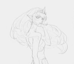 Rule 34 | 1girl, back, bare shoulders, blush, earrings, grey background, greyscale, highres, janna (league of legends), jewelry, league of legends, light blush, long hair, looking at viewer, looking back, lucky strike (artist), monochrome, parted lips, pointy ears, simple background, single earring, sketch, solo, tiara