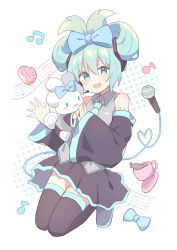 Rule 34 | 1girl, absurdres, aqua eyes, aqua hair, aqua necktie, beamed eighth notes, black skirt, black sleeves, black thighhighs, bow, cinnamiku, cinnamon roll, cinnamoroll, coaster, collared shirt, commentary, crossover, cup, detached sleeves, eighth note, hair bow, hair bun, hair ornament, hatsune miku, headset, highres, holding hands, kneeling, long hair, long sleeves, looking at viewer, matching outfits, microphone, miniskirt, musical note, necktie, open mouth, pleated skirt, polka dot, ribbon, ryoku sui, sanrio, shirt, simple background, skirt, sleeveless, sleeveless shirt, smile, tattoo, teacup, thighhighs, tied ears, vocaloid, white background, white shirt