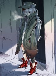 Rule 34 | 1girl, black scarf, breath, commentary request, g11 (girls&#039; frontline), girls&#039; frontline, green headwear, green jacket, hair between eyes, hands in pockets, highres, jacket, knee pads, long hair, long sleeves, one eye closed, outdoors, red footwear, red scarf, scarf, scarf on head, shirt, shoes, silver hair, soguma, solo, untied footwear, white shirt