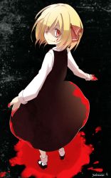 Rule 34 | 1girl, artist name, bags under eyes, black dress, blonde hair, blood, blood on face, blood on clothes, dress, dress shirt, fang, hair ribbon, highres, looking back, mary janes, red eyes, ribbon, rumia, shaded face, shirt, shoes, short hair, smile, solo, touhou, yutamaro