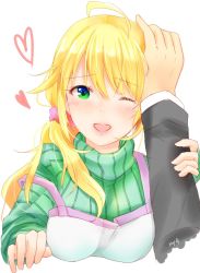 Rule 34 | 1girl, ahoge, artist name, blonde hair, blue eyes, blush, disembodied limb, gradient eyes, green eyes, green sweater, heart, highres, holding head, holding own arm, hop grenade, hoshii miki, idolmaster, idolmaster (classic), layered clothes, multicolored eyes, one eye closed, open mouth, ponytail, producer (idolmaster), scrunchie, smile, strap slip, sweater, turtleneck, turtleneck sweater