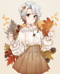 Rule 34 | 1girl, acorn, akishimo (kancolle), alternate costume, bare shoulders, blush, brown hair, brown skirt, casual, choker, closed mouth, collarbone, commentary, commentary request, ginkgo leaf, gradient hair, grey eyes, highres, holding, holding leaf, jewelry, kantai collection, leaf, long sleeves, looking at viewer, malachite, maple leaf, multicolored hair, necklace, pendant, pinecone, pleated skirt, puffy long sleeves, puffy sleeves, shoes, short hair with long locks, silver hair, single shoe, skirt, smile, solo, sweater, symbol-only commentary, white choker, white sweater