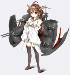 Rule 34 | 10s, 1girl, ahoge, bare shoulders, boots, brown eyes, brown hair, crossed arms, detached sleeves, double bun, frilled skirt, frills, headgear, japanese clothes, jurakin, kantai collection, kongou (kancolle), lace, lace-trimmed legwear, lace trim, long hair, machinery, nontraditional miko, ribbon-trimmed sleeves, ribbon trim, skirt, smile, solo, thigh boots, thighhighs, wide sleeves