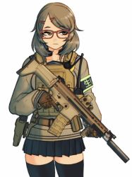 Rule 34 | 1girl, assault rifle, black skirt, black thighhighs, brown eyes, brown gloves, brown hair, brown jacket, cb (c-board), closed eyes, fn scar, glasses, gloves, gun, half-closed eyes, handgun, highres, holding, holding gun, holding weapon, holstered, jacket, original, rifle, sailor collar, school uniform, simple background, skirt, solo, thighhighs, trigger discipline, weapon, white background