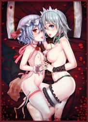 Rule 34 | 2girls, after kiss, babydoll, bat wings, bed, black panties, blue eyes, border, bottomless, bow, bow panties, grabbing another&#039;s breast, breasts, bridal garter, flat chest, from side, grabbing, hat, interlocked fingers, izayoi sakuya, large breasts, leg lock, light purple hair, lying, mana (remana), medium breasts, multiple girls, navel, nipples, on side, panties, petals, red border, red eyes, remilia scarlet, rose petals, saliva, saliva trail, short hair, silver hair, tongue, tongue out, topless, touhou, underwear, underwear only, wings, wrist cuffs, yuri