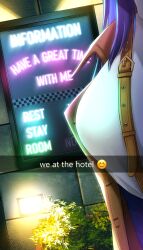 Rule 34 | 1girl, bag, breasts, coat, emoji, english text, fake screenshot, handbag, highres, hololive, hololive english, large breasts, love hotel, nixour, ouro kronii, ouro kronii (casual), pov, sign, snapchat, trench coat, virtual youtuber