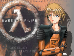 Rule 34 | armor, blonde hair, blue eyes, female focus, half-life, hev suit, koumei satou, lambda symbol, power armor, solo