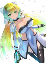 Rule 34 | 1girl, black gloves, black thighhighs, blonde hair, bow, breasts, choker, cleavage, collarbone, commission, covered navel, cowboy shot, dress, dutch angle, energy sword, front slit, gloves, gradient hair, green eyes, green hair, hair between eyes, hair bow, hair ornament, hairclip, high collar, highres, holding, holding weapon, inari (ambercrown), large breasts, long hair, long sleeves, looking at viewer, multicolored hair, original, parted lips, pelvic curtain, short dress, shrug (clothing), sideless outfit, skeb commission, skin tight, snowflake hair ornament, solo, straight hair, strapless, strapless dress, sword, thighhighs, very long hair, weapon, white dress