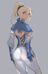 Rule 34 | 1girl, absurdres, ass, ass focus, ass grab, ass support, back, black ribbon, blonde hair, blue capelet, blue corset, blue eyes, blue gloves, blush, bow, breasts, capelet, closed mouth, corset, detached sleeves, expressionless, eyebrows, eyelashes, feet out of frame, female focus, from behind, genshin impact, gloves, grey background, hair bow, hair ribbon, hands on own ass, high ponytail, highres, huge ass, jean (genshin impact), large breasts, legs apart, looking at viewer, looking back, medium hair, pants, ponytail, ribbon, shiny clothes, sideboob, simple background, solo, standing, sweatdrop, thick thighs, thighs, tight clothes, tight pants, tnt (pixiv8487740), two-tone corset, white corset, white pants, white sleeves
