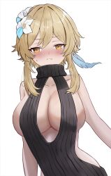 1girl alternate_costume bare_arms bare_shoulders black_sweater blonde_hair blue_feathers blush breasts cleavage cleavage_cutout clothing_cutout collarbone commentary_request embarrassed feather_hair_ornament feathers flower genshin_impact hair_flower hair_ornament highres ikurumidwd large_breasts lumine_(genshin_impact) meme_attire parted_lips short_hair_with_long_locks sideboob sideless_outfit simple_background solo sweat sweater teeth turtleneck turtleneck_sweater upper_body virgin_killer_sweater white_background white_flower yellow_eyes