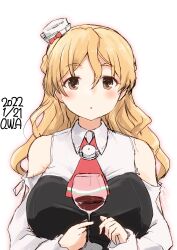 Rule 34 | 1girl, alcohol, ascot, bare shoulders, blonde hair, bodice, braid, breasts, brown eyes, corset, cup, drinking glass, french braid, hat, highres, kantai collection, large breasts, long hair, mini hat, one-hour drawing challenge, owa (ishtail), red ascot, shirt, side braid, solo, tilted headwear, upper body, wavy hair, white shirt, wind, wine, wine glass, zara (kancolle)