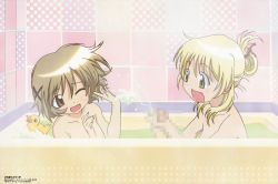 Rule 34 | 00s, 2girls, ;d, bathing, bathroom, bathtub, blonde hair, breasts, brown eyes, brown hair, censored, cleavage, collarbone, convenient censoring, fake censor, hidamari sketch, indoors, medium breasts, miyako (hidamari sketch), mosaic censoring, multiple girls, non-web source, nude, one eye closed, open mouth, partially submerged, sexually suggestive, short hair, small breasts, smile, splashing, tile wall, tiles, water, wince, yellow eyes, yuno (hidamari sketch)