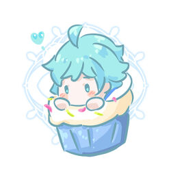 Rule 34 | 1boy, ahoge, aqua eyes, blue eyes, blue hair, blush, chongyun (genshin impact), commentary, cupcake, dated commentary, food, food focus, genshin impact, heart, in container, lowres, male focus, pi0ko0ron, short hair, simple background, solo, white background