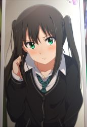 Rule 34 | 10s, 1girl, alternate hairstyle, blush, brown hair, cardigan, frown, green eyes, idolmaster, idolmaster cinderella girls, jewelry, long hair, looking at viewer, mirror, necklace, necktie, ogipote, school uniform, shibuya rin, solo, twintails, twintails day