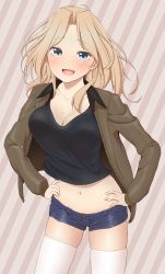Rule 34 | 10s, 1girl, :d, blonde hair, blue eyes, blush, breasts, cleavage, crop top, crop top overhang, girls und panzer, hands on own hips, highres, jacket, kay (girls und panzer), long hair, looking at viewer, mashimaru (muzikluva), midriff, navel, open clothes, open jacket, open mouth, shiny skin, short shorts, shorts, skindentation, smile, solo, thighhighs, white thighhighs