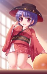 Rule 34 | 1girl, bare legs, blush, bowl, bowl hat, breasts, finger to cheek, gluteal fold, hat, highres, japanese clothes, kimono, knees together feet apart, long sleeves, lzh, mini person, minigirl, miracle mallet, obi, open mouth, purple eyes, purple hair, sash, scratching cheek, short kimono, small breasts, sukuna shinmyoumaru, thigh gap, thighs, touhou, wide sleeves