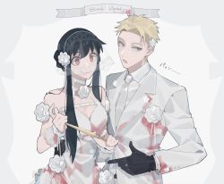 Rule 34 | 1boy, 1girl, bare shoulders, berldo, black gloves, black hair, blonde hair, blood, blood on clothes, blue eyes, boutonniere, bridal veil, choker, collared shirt, corsage, dagger, dress, earrings, flower, formal, glint, gloves, hair flower, hair ornament, hand on another&#039;s hip, highres, jacket, jewelry, knife, long sleeves, nail polish, necktie, open mouth, parted hair, pink nails, red eyes, shirt, sidelocks, simple background, smile, spy x family, strapless, strapless dress, suit, suit jacket, tsurime, twilight (spy x family), upper body, veil, weapon, wedding dress, white flower, white shirt, white suit, yor briar