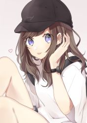 Rule 34 | 1girl, :p, absurdres, baseball cap, black hat, blue shorts, brown background, brown hair, closed mouth, clothes writing, commentary, ear piercing, earrings, hachimitsu honey, hand up, hat, heart, highres, jewelry, long hair, looking at viewer, original, piercing, purple eyes, shirt, short shorts, short sleeves, shorts, simple background, sitting, smile, solo, symbol-only commentary, tongue, tongue out, watch, white shirt, wide sleeves, wristwatch