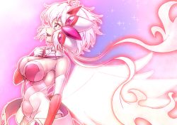 Rule 34 | 1girl, ahoge, breasts, covered navel, elbow gloves, energy wings, fukadumeasadume, gloves, glowing, glowing hair, hand on own chest, highres, large breasts, music, senki zesshou symphogear, singing, solo, sparkle, x-drive (symphogear), yukine chris