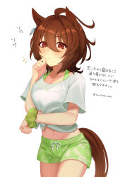 Rule 34 | 1girl, absurdres, agnes tachyon (umamusume), ahoge, animal ears, arm under breasts, blush, breasts, brown eyes, brown hair, closed mouth, commentary request, cowboy shot, drawstring, emil1030 blue, gaze on me! outfit (umamusume), green male swimwear, green swim trunks, highres, horse ears, horse girl, horse tail, leaf print, looking at viewer, male swimwear, medium hair, midriff, navel, notice lines, print male swimwear, print swim trunks, print swimsuit, scrunchie, shirt, short sleeves, small breasts, solo, sweatdrop, swim trunks, swimsuit, tail, tied shirt, translation request, twitter username, umamusume, white background, white shirt, wrist scrunchie