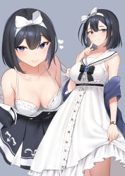 Rule 34 | 1girl, akagi kurage, bare shoulders, black bow, black hair, black skirt, blue eyes, blue gemstone, blush, bow, breasts, buckle, center frills, cleavage, closed mouth, collarbone, copyright request, dress, finger to mouth, frilled dress, frills, gem, grey background, hair ribbon, hairband, heart, highres, index finger raised, iriam, looking at viewer, medium breasts, multiple views, off shoulder, open clothes, open shirt, parted lips, pleated skirt, ribbon, sailor collar, sailor dress, shirt, short hair, shushing, simple background, skirt, smile, treble clef, undressing, virtual youtuber, white dress, white hairband, white ribbon, white sailor collar, white shirt
