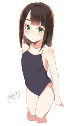 Rule 34 | 1girl, bare arms, bare shoulders, black one-piece swimsuit, blush, brown hair, collarbone, competition school swimsuit, covered navel, cropped legs, dated, green eyes, long hair, looking at viewer, maze (gochama ze gohan), one-piece swimsuit, original, parted lips, school swimsuit, signature, simple background, solo, swimsuit, white background