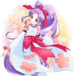 Rule 34 | 10s, 1girl, alternate form, bow, bow-shaped hair, cure fortune, cure fortune (anmitsu komachi), detached sleeves, earrings, frills, hair bow, happinesscharge precure!, hikawa iona, jewelry, long hair, looking back, magical girl, miniskirt, ponytail, precure, purple eyes, purple hair, ribbon, skirt, smile, solo, thighhighs, white thighhighs, wide ponytail, yupiteru