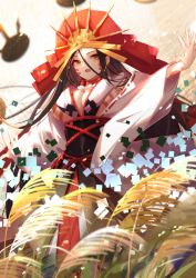 Rule 34 | 1girl, bead necklace, beads, black hair, breasts, detached sleeves, facial mark, faicha, fate/grand order, fate (series), field, headpiece, himiko (fate), himiko (third ascension) (fate), japanese clothes, jewelry, kimono, large breasts, long hair, necklace, no bra, parted bangs, red eyes, solo, wheat, wheat field, white kimono, wide sleeves