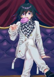 Rule 34 | 1boy, arm support, black hair, buttons, candy, checkered clothes, checkered neckwear, checkered scarf, commentary request, couch, crossed legs, curtains, danganronpa (series), danganronpa v3: killing harmony, esu (tasoesu), feet out of frame, food, hair between eyes, hand up, highres, holding, jacket, lollipop, long sleeves, looking at viewer, male focus, multicolored hair, on couch, open mouth, oma kokichi, pants, purple hair, scarf, shirt, sitting, solo, straitjacket, white jacket, white pants