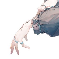 Rule 34 | 1girl, adjusting clothes, amiya (arknights), arknights, hand focus, highres, jewelry, long sleeves, material growth, min (120716), multiple rings, oripathy lesion (arknights), ring, simple background, solo, white background