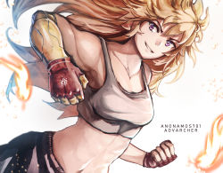 Rule 34 | 1girl, advarcher, bare shoulders, blonde hair, breasts, cleavage, collarbone, english text, hair between eyes, long hair, medium breasts, purple eyes, rwby, simple background, sleeveless, solo, stomach, white background, yang xiao long