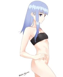 Rule 34 | 10s, 1girl, bandeau, blue eyes, blue hair, blunt bangs, bottomless, breasts, duplicate, eight tohyama, from side, hand on own hip, hatsukaze (kancolle), hime cut, kantai collection, long hair, simple background, small breasts, solo, strapless, tube top, twitter username, underboob, white background