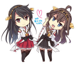 Rule 34 | 10s, 2girls, ahoge, boots, chibi, haruna (kancolle), heart, kantai collection, kongou (kancolle), leaning to the side, multiple girls, nontraditional miko, simple background, takigawa yuu, thigh boots, thighhighs, v, white background