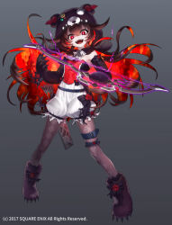 Rule 34 | 1girl, animal hands, animal hood, black background, bloomers, bow (weapon), full body, gloves, gradient background, grimms notes, hood, hood up, official art, open mouth, paw gloves, red eyes, sacanahen, shadow rose red, smile, solo, teeth, underwear, weapon