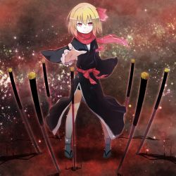 Rule 34 | 1girl, alternate costume, blonde hair, female focus, geta, japanese clothes, planted sword, planted, red eyes, red scarf, rumia, sandals, scarf, short hair, smile, solo, sword, tabi, touhou, weapon, yutamaro