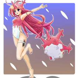 Rule 34 | 1990s (style), 1girl, :&gt;, :d, alternate costume, armpits, barefoot, blue eyes, casual one-piece swimsuit, coral, corsola, costume, covered navel, creatures (company), female focus, game freak, gen 2 pokemon, horns, knife, legband, legs, long hair, lowres, moemon, nintendo, one-piece swimsuit, open mouth, outstretched arm, outstretched hand, personification, pokemon, pokemon (creature), pokemon gsc, retro artstyle, sheath, sheathed, smile, swimsuit, tenjou ryuka, thigh strap, very long hair, weapon