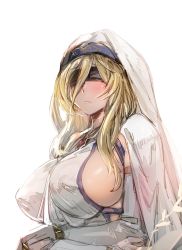Rule 34 | 10s, 1girl, blindfold, blonde hair, blush, bow (bhp), breasts, bridal gauntlets, cape, closed mouth, commentary, covered erect nipples, crossed arms, detached sleeves, dress, goblin slayer!, hair between eyes, jewelry, large breasts, long hair, necklace, sideboob, simple background, solo, sword maiden, very long hair, white background, white dress