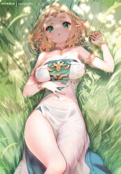 Rule 34 | 1girl, armlet, bare shoulders, blonde hair, blush, bracelet, breasts, circlet, cleavage, commentary request, dress, earrings, grass, green eyes, highres, hong (white spider), jewelry, looking at viewer, lying, medium breasts, necklace, nintendo, on back, open mouth, parted bangs, pointy ears, princess zelda, short hair, solo, the legend of zelda, the legend of zelda: tears of the kingdom, thighs, white dress