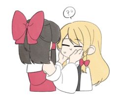 Rule 34 | 2girls, :t, black hair, black vest, blonde hair, bow, braid, closed eyes, cropped torso, detached sleeves, hair bow, hair tubes, hakurei reimu, half updo, hands on another&#039;s face, kirisame marisa, long hair, long sleeves, multiple girls, no headwear, red bow, red shirt, rinco s2, shirt, simple background, single braid, touhou, upper body, vest, white background, white shirt, wide sleeves