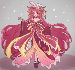 Rule 34 | 1girl, :o, absurdres, alternate costume, animal ears, bare shoulders, bow, breasts, cake, cake hair ornament, choker, cleavage, cure whip, earrings, extra ears, food, food-themed hair ornament, food-themed ornament, frilled kimono, frills, fruit, full body, grey background, hair ornament, hair stick, hands up, highres, huge filesize, japanese clothes, jewelry, kanzashi, kimono, kirakira precure a la mode, large bow, lipstick, long sleeves, looking up, magical girl, makeup, nail polish, off shoulder, oiran, okobo, open mouth, parted lips, pink bow, pink choker, pink eyes, pink hair, pink kimono, pink lips, pink nails, pom pom (clothes), pom pom earrings, precure, rabbit ears, sandals, simple background, sleeves past wrists, socks, solo, star (symbol), starry background, strawberry, strawberry shortcake, swept bangs, tabi, twintails, usami ichika, walking, white socks, zuzuko