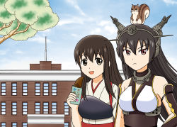 Rule 34 | 10s, 2girls, :d, akagi (kancolle), animal, animal on head, black eyes, black hair, brown eyes, building, commentary request, food, headgear, highres, holding, hoshino banchou, japanese clothes, kantai collection, long hair, looking at viewer, multiple girls, muneate, nagato (kancolle), open mouth, smile, squirrel, tasuki, translation request, branch