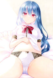 Rule 34 | 1girl, blue hair, bow, bowtie, breasts, cameltoe, frills, from below, highres, hinanawi tenshi, long hair, looking at viewer, navel, no headwear, no pants, panties, pillow, puffy sleeves, reclining, red bow, red bowtie, red eyes, shirt, short sleeves, small breasts, solo, touhou, underwear, y na1211