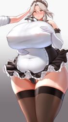 Rule 34 | 1girl, bare shoulders, black thighhighs, blush, breasts, cameltoe, covered erect nipples, covered navel, dress, elbow gloves, eyelashes, female focus, glasses, gloves, gradient background, grey background, happy, head pat, highres, huge breasts, labiata (last origin), last origin, looking at another, maid, miniskirt, namamo (kura), navel, offscreen person, plump, red eyes, shiny skin, skirt, smile, solo, standing, taut clothes, thick thighs, thighhighs, thighs, white background, white dress, white hair, wide hips, zettai ryouiki