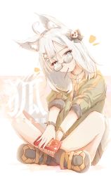 Rule 34 | 1girl, ahoge, animal ear fluff, animal ears, blue eyes, bracelet, brown footwear, commentary, cross, cross necklace, food, food in mouth, fox ears, fox tail, glasses, green jacket, hair ornament, hairclip, highres, holding, holding food, jacket, jerry3912, jewelry, long hair, looking at viewer, necklace, original, pocky, silver hair, skull hair ornament, solo, symbol-only commentary, tail, thighs, translated