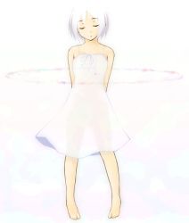 Rule 34 | 1girl, arms behind back, circle, dress, closed eyes, full body, original, see-through, see-through silhouette, short hair, solo, standing, travo, white hair, white theme